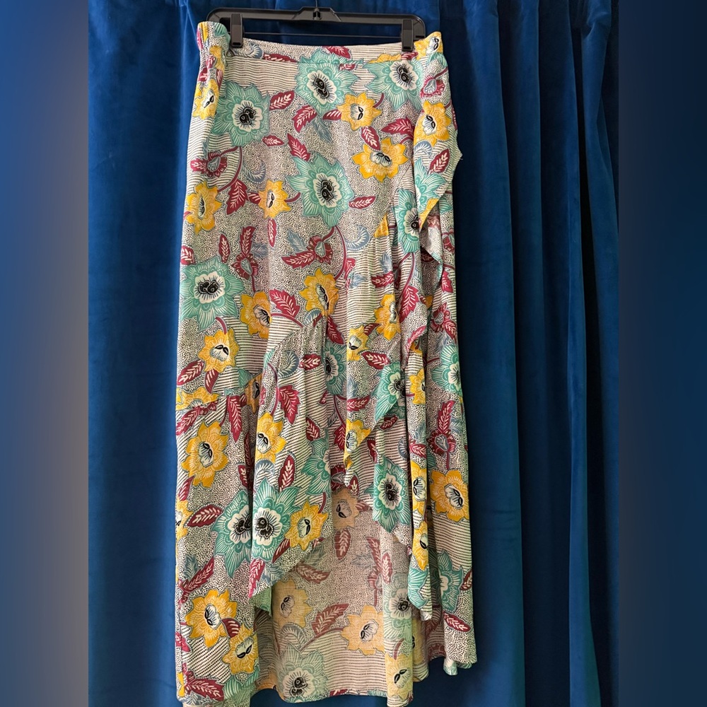 BCBG Green Wrap Midi Skirt Asymmetrical Ruffled Resort